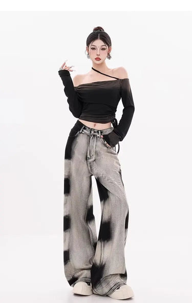 Jean Large Femme Gris Noir