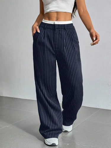 Pantalon Large Bleu Foncé Femme