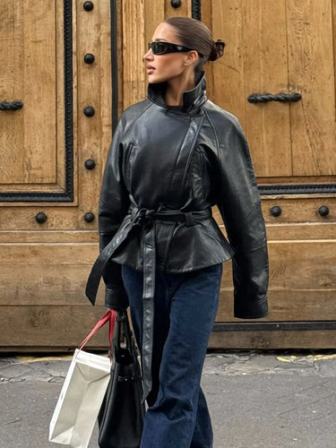 Veste En Cuir Oversize Avec Ceinture